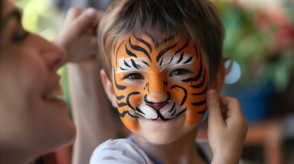 Cute boy getting tiger face paint by female artist at a festival © Sunshine Design