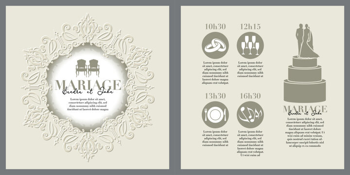 Carte pour un mariage avec au recto une rosace dessin&eacute;e en relief et au verso des pictogrammes pour indiquer l&rsquo;heure et le parcourt des festivit&eacute;s - Texte Fran&ccedil;ais, traduction : mariage.