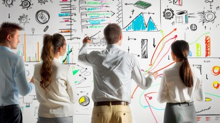 A brainstorming session with team members sketching ideas on a whiteboard filled with business graphs.