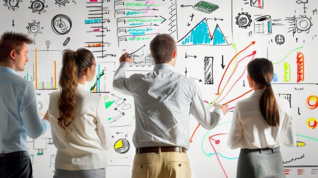 A brainstorming session with team members sketching ideas on a whiteboard filled with business graphs.