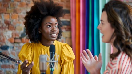 Obraz premium Engaging Podcast Recording Session with Two Women. Candid Shot in Colorful Studio. Casual, Lively Conversation. Podcasting in Action. AI