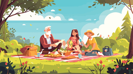 Happy family relaxing on picnic blanket in city par