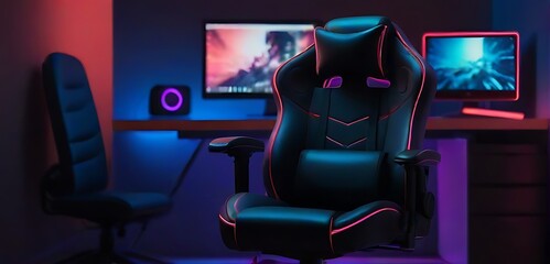 Interior of colorful modern gaming room with neon light. Playing videogames, watching movies