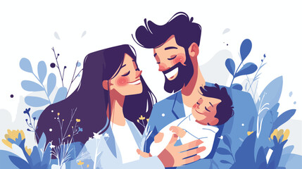 Happy family with newborn baby. Young parents and n