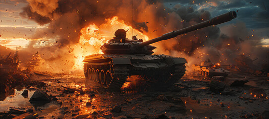 Tank gets destroyed on battlefield. Generative AI.