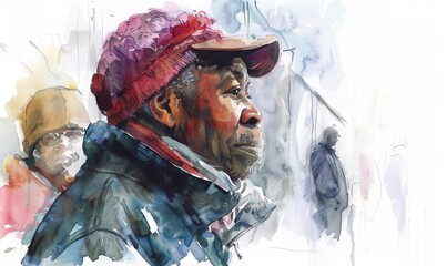 An watercolor portrait of an elderly Afro man in profile on the street, showcasing his character and wisdom