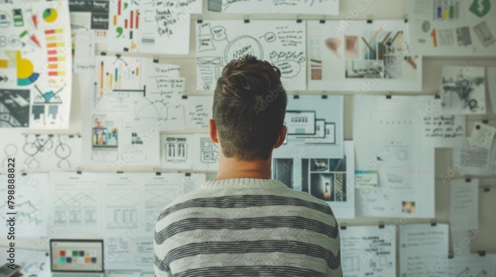 Poster a businessman brainstorming investment ideas while sketching financial graphs and charts on a whiteb