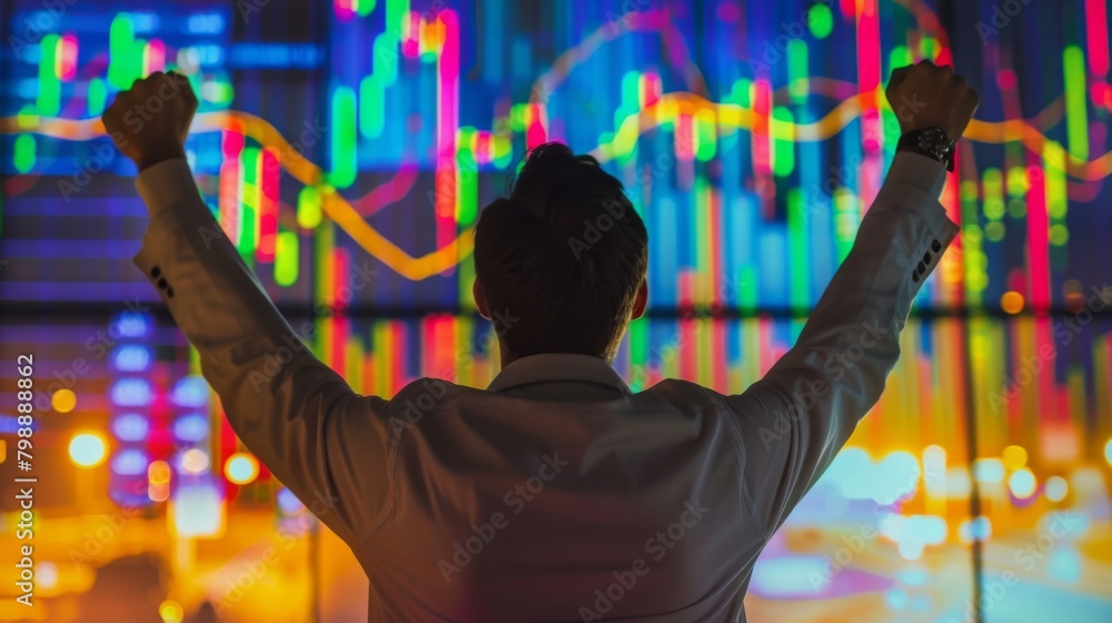 Poster a businessman celebrating success with arms raised in front of a screen showing soaring gold price g