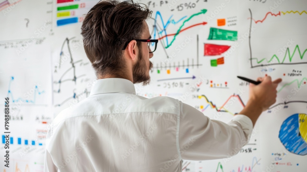 Poster a businessman brainstorming investment ideas while sketching financial graphs and charts on a whiteb