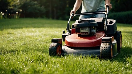 Grass Cutting: Engine-Powered Lawnmower in Summer Yard