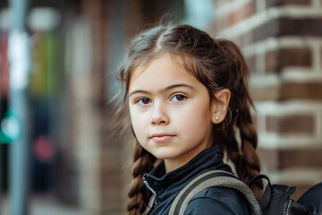 Portrait of a young girl with a backpack standing outside a school. Her confident gaze into the camera shows determination and readiness for a day of learning