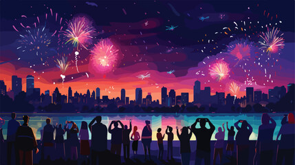 Crowd of people watching fireworks displaying in da - obrazy, fototapety, plakaty