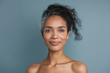 Obraz premium Woman's aging duality managed with skincare solutions involving salicylic acid and face lift, addressing aging identity and wrinkle severity during happy life transitions.