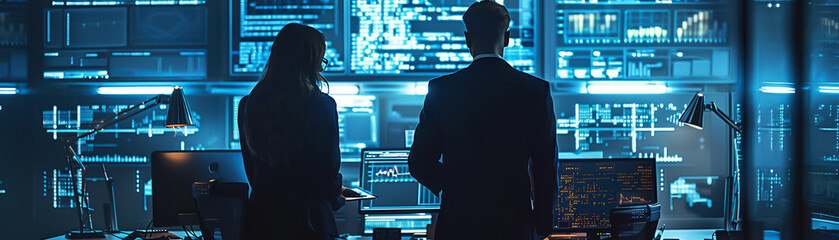 Two people standing in front of a large screen with a lot of data on it.