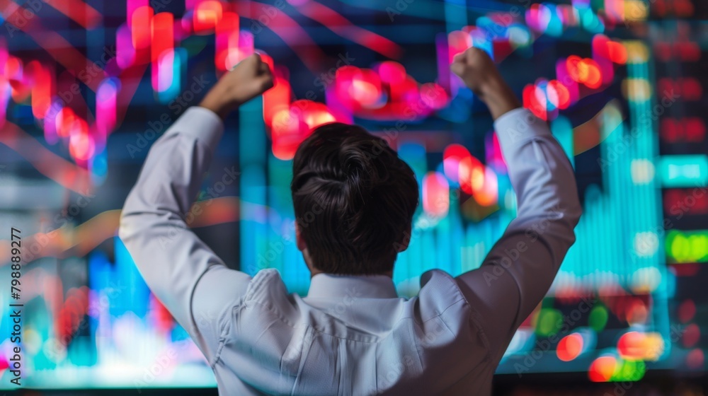 Poster a businessman celebrating success with arms raised in front of a screen showing soaring gold price g