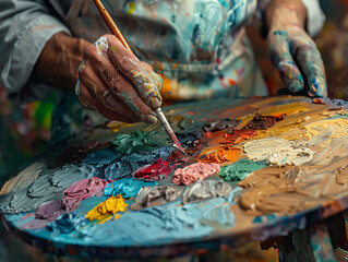 Oil painter mixing paints on a palette