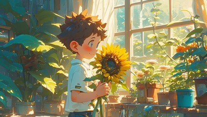 A cute boy holding sunflowers stands in the garden, surrounded by various plants and flowers. 