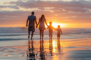happy family with two children on the beach watching the sunset