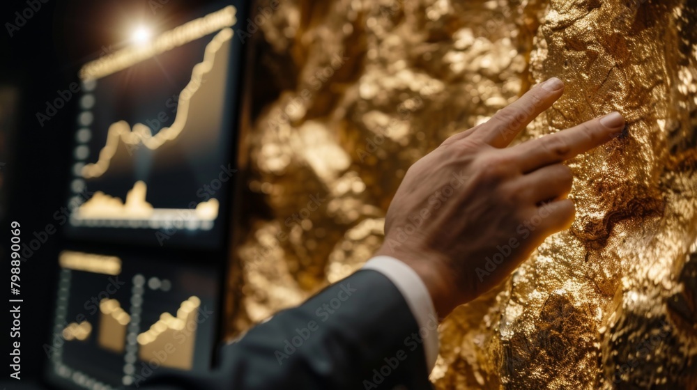 Aufkleber A businessman pointing to a chart showing gold price performance over time during a presentation.