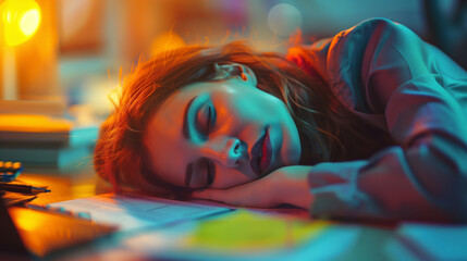 Exhausted young woman asleep at desk with vibrant neon lights reflecting on her face