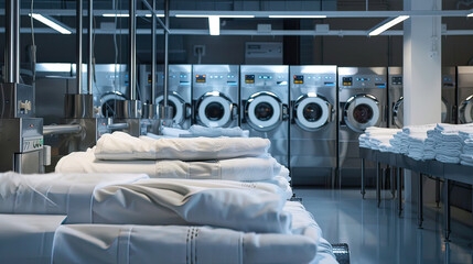 a high-end hotel laundry room, industrial washing machines and dryers buzz with activity, handling a vast quantity of bed linens and towels.