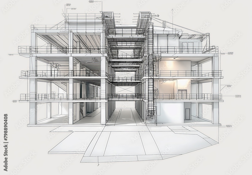 Poster industrial building wireframe rendering with architectural and construction details