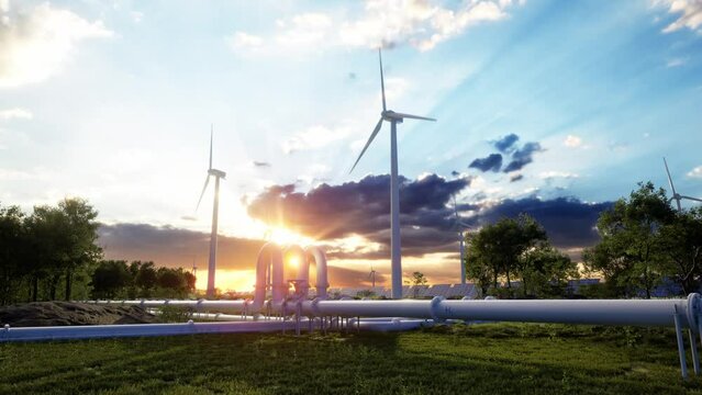 Hydrogen Pipeline And Wind Turbines. Photovoltaic Panels Enhance Clean Energy Generation. Sunset