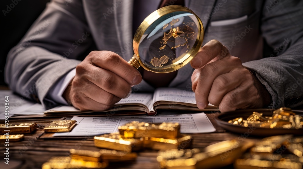 Aufkleber a businessman studying gold market reports and charts with a magnifying glass, symbolizing in-depth 