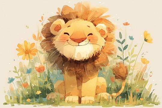 A cute little lion, sitting on the grass with watercolor leaves behind him