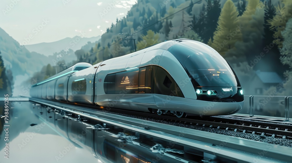 Aufkleber A futuristic train on a rail in an empty environment. Generative AI.