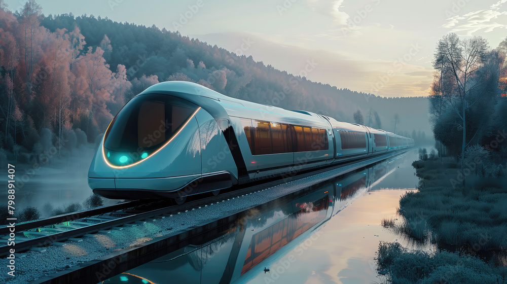 Aufkleber A futuristic train on a rail in an empty environment. Generative AI.