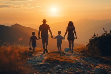 happy family with two children on the mountain looking at the sunset
