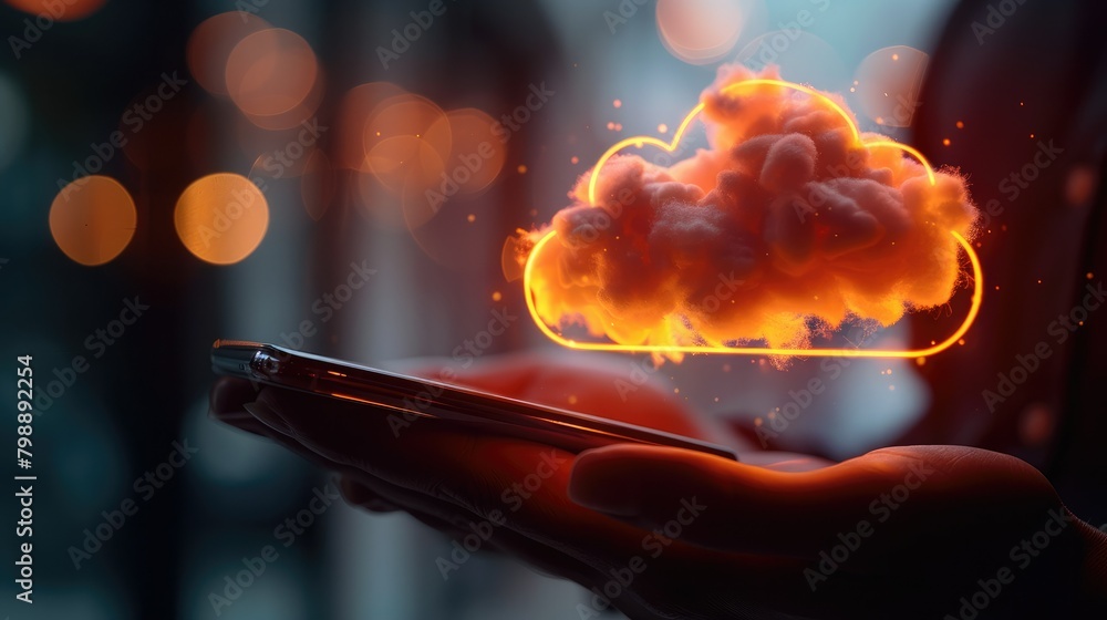 Aufkleber A hand holding a phone with a glowing cloud icon floating above it, symbolizing the power of digital documents and document management in business. Generative AI.