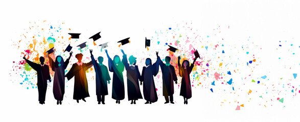 Graduate concept. Graduation study Colorful art watercolor painting illustration of many happy students in gowns, education, university, and the labor market 