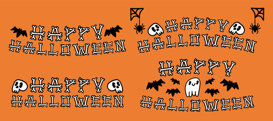 Set of Happy Halloween inscription made of bones. Halloween banner template. Vector cartoon illustration.
