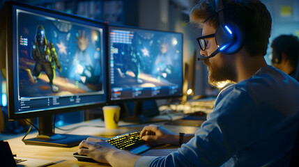 Caucasian Male Game Designer Using Desktop Computer With 3D Modeling Software To Design Unique Characters And worlds fo Immersive RPG Video Game. Man Working In Game Development Company Diverse Office