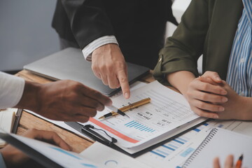 Co working conference, Business team meeting present, investor colleagues discussing new plan financial graph data on office table with laptop and digital tablet, Finance, accounting, investment.