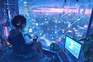 A girl in an apartment overlooking the city at night, sitting on her bed with her back to us and looking out of large windows into highrise buildings. 