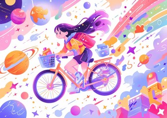 A girl riding an electric bike is flying in the air, with planets and stars around her. The character design features colorful cartoon illustrations on a white background