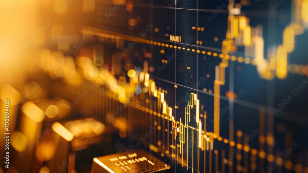 Poster a close-up of a gold price chart displayed on a computer screen, showing fluctuations and trends.