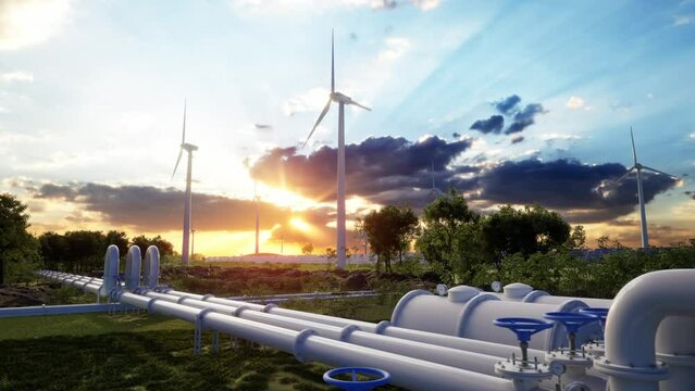 Hydrogen Pipeline And Wind Turbines. Photovoltaic Panels Enhance Clean Energy Generation. Sunset
