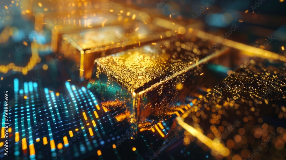 Poster A close-up of a golden bar with fluctuating gold price graphs in the background, symbolizing the dynamics of the gold market.