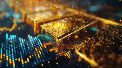 A close-up of a golden bar with fluctuating gold price graphs in the background, symbolizing the dynamics of the gold market.