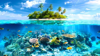 Tropical Island Paradise with Lush Greenery and Vibrant Underwater Ecosystem, Idyllic Travel Destination for Relaxation and Adventure. AI