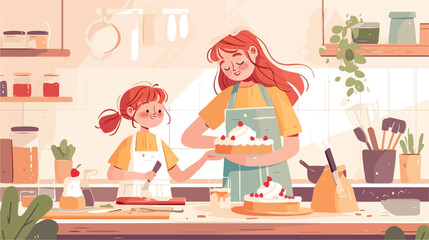 Happy mother and daughter decorate cake with whippe