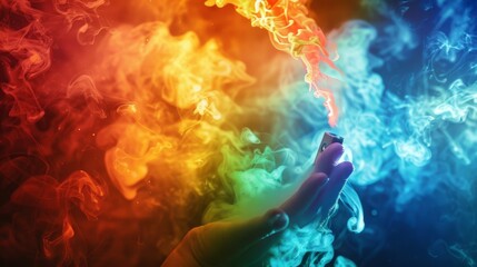 A close-up of a hand holding a colorful vape device emitting swirling clouds of flavored vapor.