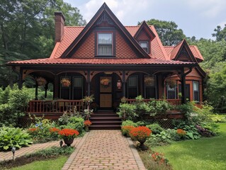 A large house with a red roof and a porch. The house is surrounded by a garden with flowers and plants