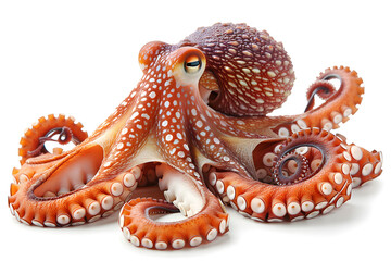 A stunning octopus against a white background, showcasing its unique appearance and intriguing nature. Perfect for educational materials, seafood-related content, and wildlife presentations.