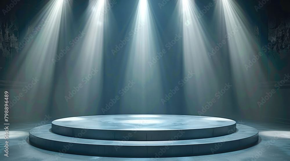 Poster Lighting from searchlights illuminates the round podium. Generative AI.