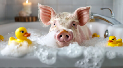 Happy Pig Having a Relaxing Time in a Bubble Bath